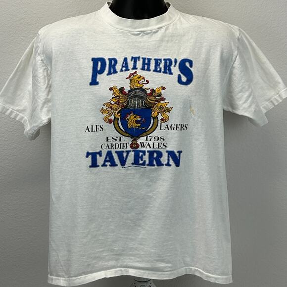 Vintage Prathers Tavern Cardiff Wales T Shirt Mens L Large White 90s Welsh USA - Picture 2 of 15